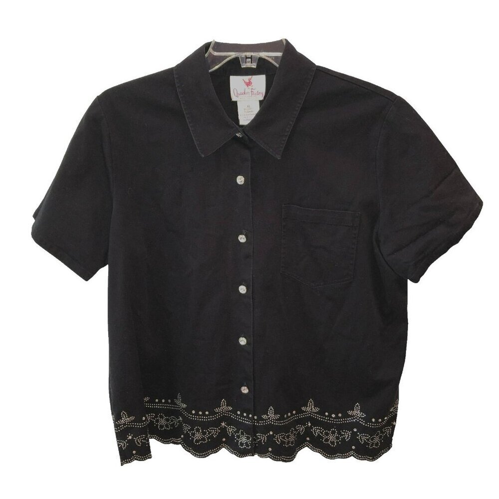Quacker Factory Womens Size XL Black Rhinestones Short Sleeve Button Up Jacket